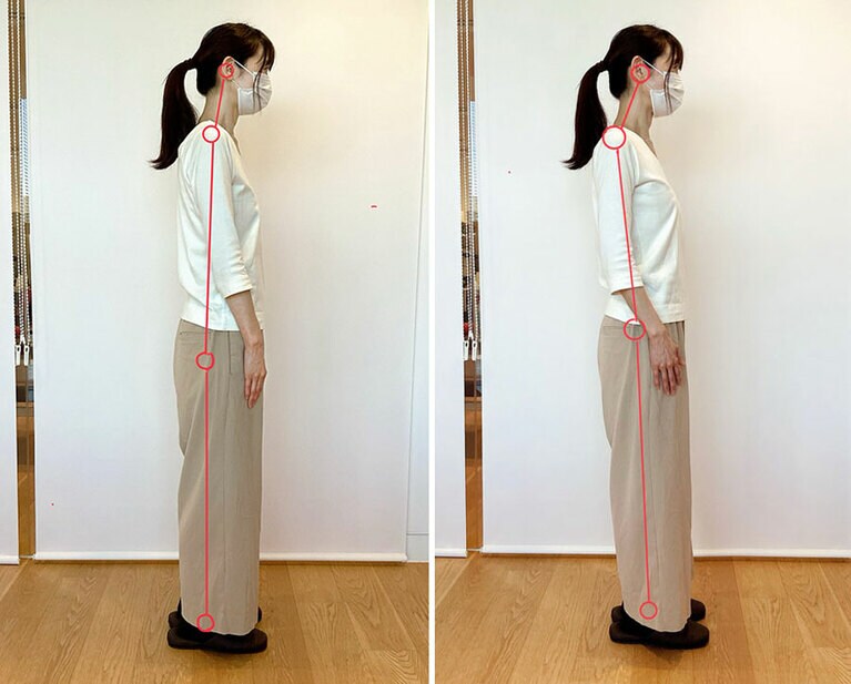 左が普段、右が「春日式」後。左は偏り上が傾き、右は腰から上が傾いています。
