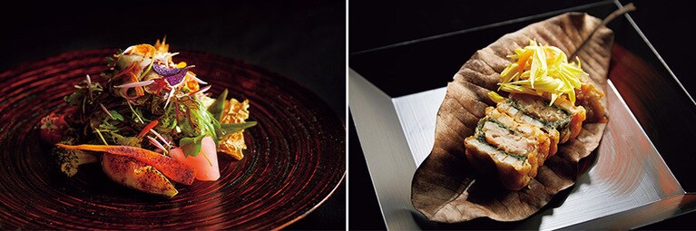 伝統的な木曽漆器に盛られた、目にも鮮やかな料理。（里山十帖 THE HOUSE IZUMI　新潟）