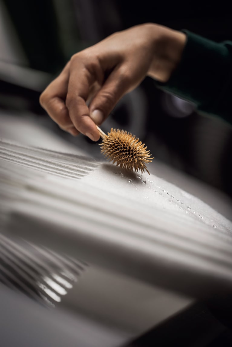 最終チェック段階では乾燥させたアザミの実でブラッシングして起毛の様子をチェックする。