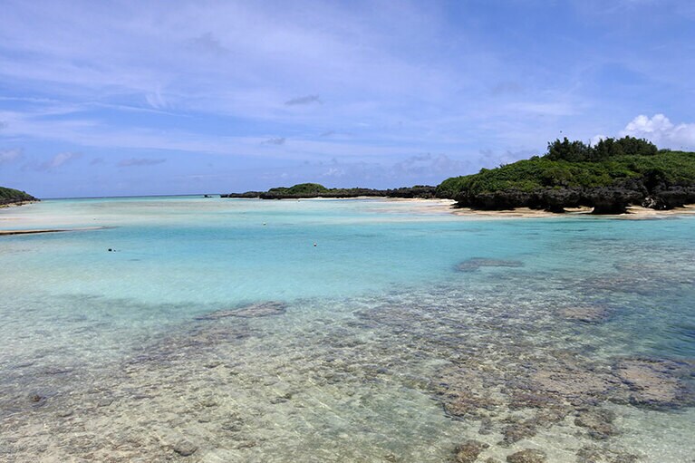 百合ヶ浜へ向かう船から望む、遠浅の海が広がる皆田海岸。