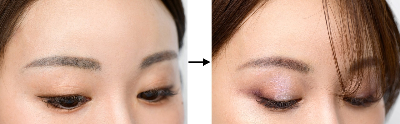写真左から、BEFORE画像、AFTER画像。のっぺりした印象から立体感のあるエレガントな眉に。