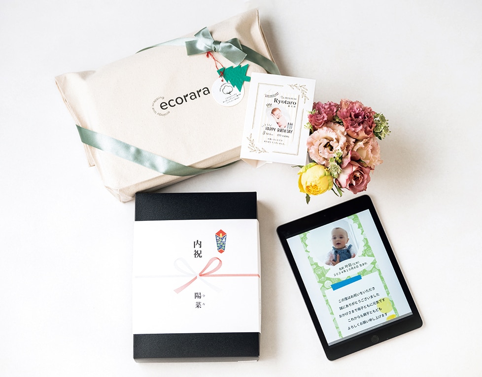 写真上：花が咲くシードペーパー付きのエコバッグ包装や、花・スイーツを添えたセットで特別な演出も可能。名刺型カードギフトには好きな写真と言葉を添えて。
写真下：お祝いやお礼は、熨斗紙をつけてきちんとした印象に。温かみのある動画付きメッセージも送れるのがeギフトの魅力。