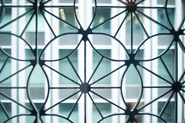 建物を覆うのは、「麻の葉くずし柄」の格子。