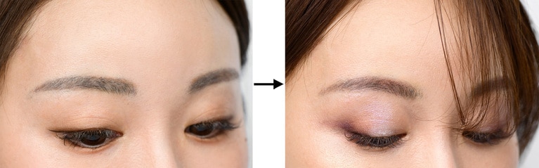写真左から、BEFORE画像、AFTER画像。のっぺりした印象から立体感のあるエレガントな眉に。