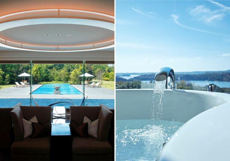 左：優雅な光景が広がるホテル内。 
右：ゆったりとお風呂につかって絶景を満喫。