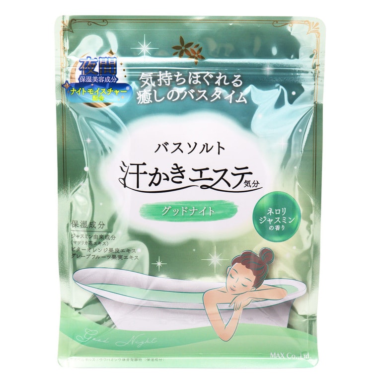 海塩（お肌ひきしめ成分）がメイン成分のバスソルト。保湿成分として、ジャスミン由来成分（マツリカ花エキス）、ビターオレンジ果皮エキス、グレープフルーツ果皮エキスが配合され、すべすべの美肌に導く。溶かすとパールグリーンの濁り湯に。汗かきエステ気分　グッドナイト500g 598円／マックス