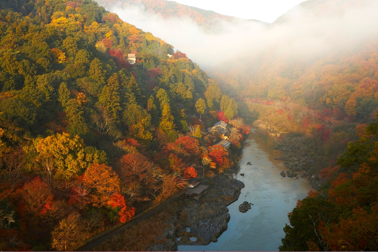 星のや京都が位置する嵐山は、紅葉の名所。平安貴族がこの光景に感嘆の声をあげた様子が目に浮かぶ。