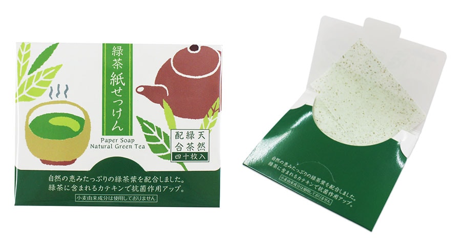 天然緑茶の成分は抗菌作用をアップ。緑茶のほのかな香りで気分もスッキリ。緑茶 紙せっけん 40枚入 300円／表現社