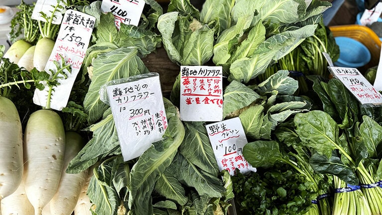 農家のお店に並んだ野菜はさすがの鮮度。／弘田さん