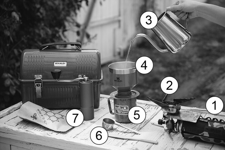 ①バリスティクスのマルチカバー、②イワタニのジュニアコンパクトバーナー、③カリタのSS ケトル 700、④スタンレーのクラシックプアオーバー、⑤パタゴニアのミアー・キャンプ・カップ、⑥カリタのメジャーカップ プレイティング L、⑦タイムモアのC2 コーヒーミル