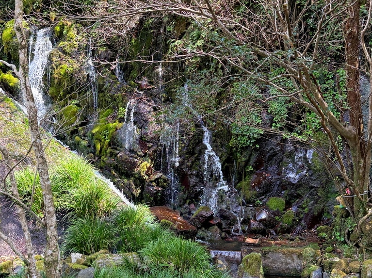 おのころ池の外側の道路沿いにある玉垂（たまだれ）の滝。真名井の滝の水源でもあり、小さな祠が祭られている。百条の滝と呼ばれることも。
