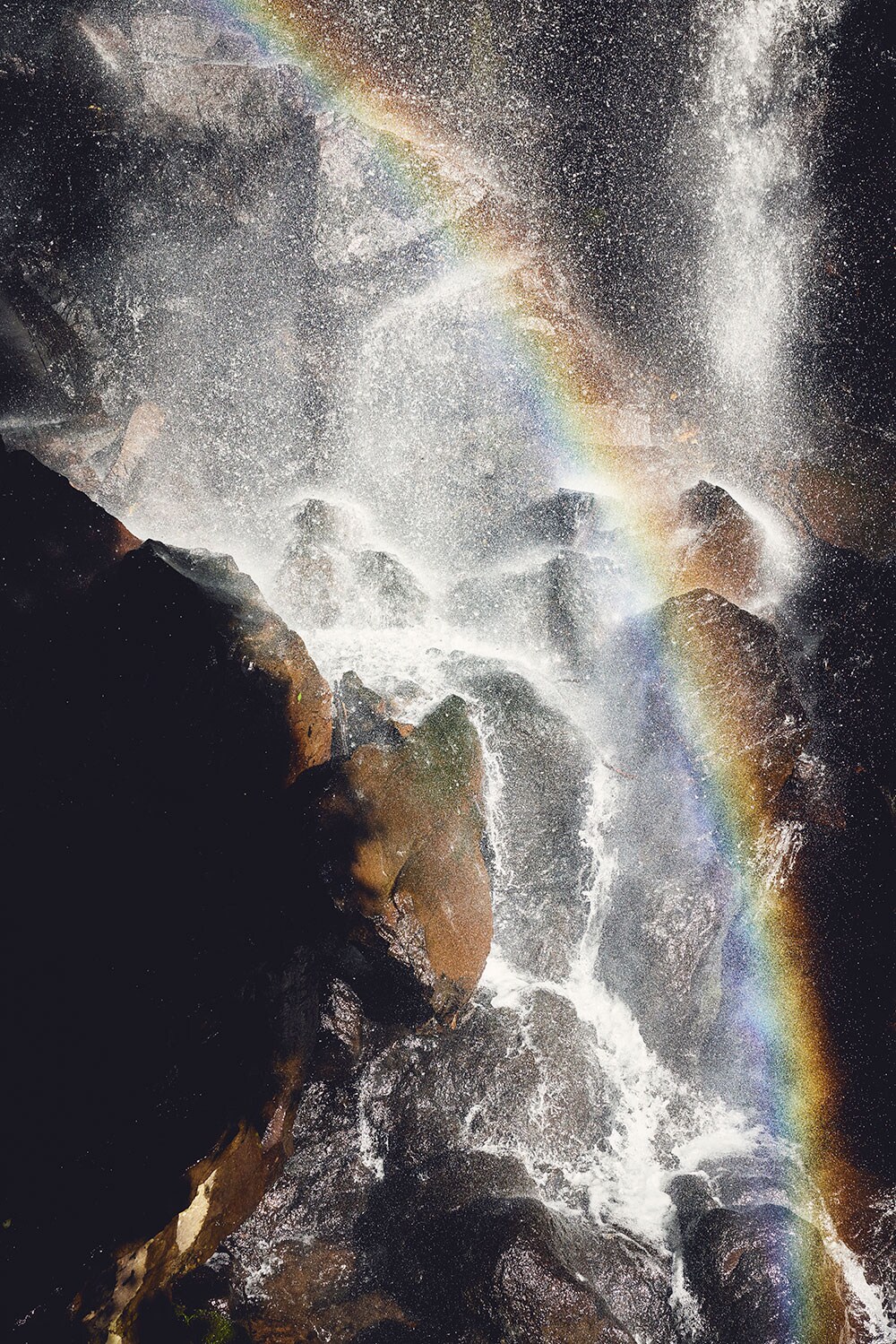 キラキラと輝く水しぶきに虹がかかる源流の滝。