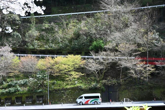山奥から折り返して来たコミュニティバス。つづら折りの道路を中心部に向かう(中津渓谷入口)
