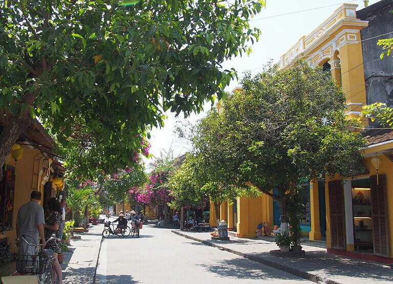 カラフルな建物に南国の花が似合うホイアン旧市街。車両乗り入れ禁止区域はのんびり散策できる。