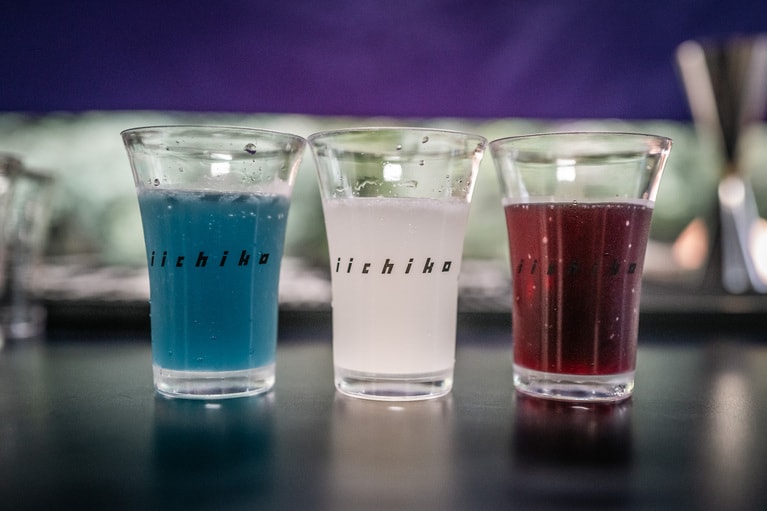 「iichiko彩天」を使ったオリジナルカクテル。左から／「天空の麹」、「白麹麗人（ホワイト麹レディ）」「神麹（しんきく）」。