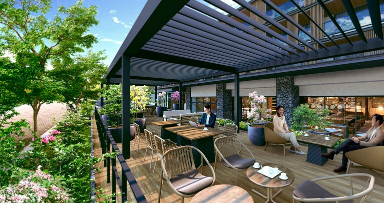 イタリアンレストラン「TRATTORIA CREATTA 軽井沢」のテラス席は、ペットの同伴も可。