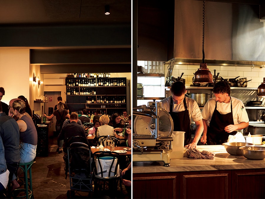 左：店内。昼、夜ともに予約必須の人気店。右：手作業でパスタを丁寧に作る厨房のスタッフ。