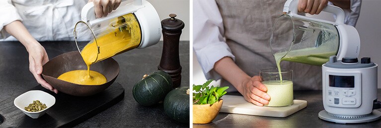 皮ごとざく切りにしたカボチャを使った暖かいカボチャスープも、冷凍野菜を丸ごと投入した冷たく滑らかなスムージーも、これ一台で作れます。