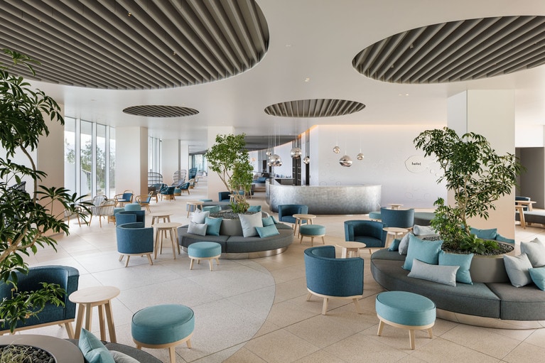 フロントロビーから「Books&Cafe」まで、シームレスにつながる空間。