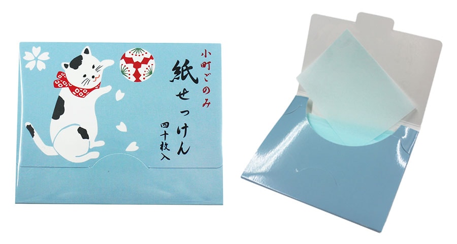【京都の文具メーカーの紙せっけん】和風なイラストのシリーズの中でも人気の1品。懐かしいシャボンの香りにハマる。小町ごのみ 紙せっけん<<ねこ>> 40枚入 300円／表現社