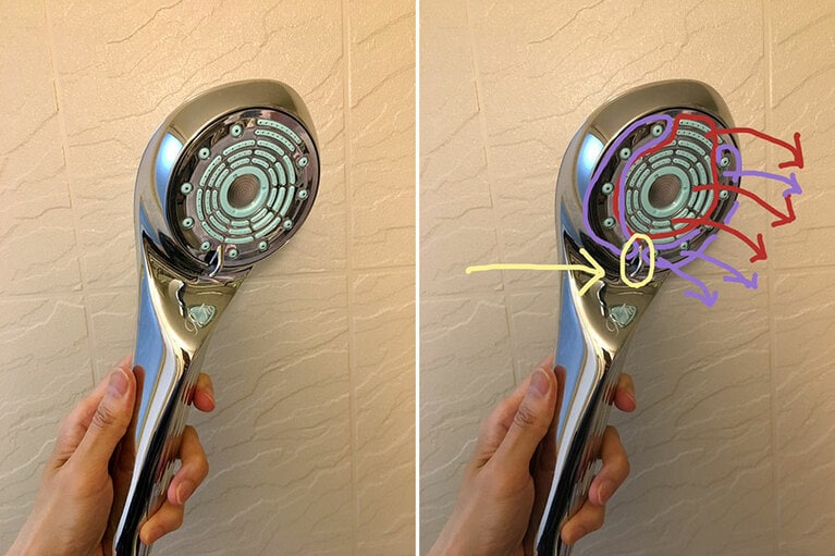 赤部分と紫部分で穴の大きさが違っているほか、配置も工夫されています。黄色丸箇所は、水流モードを切り替えるレバー。