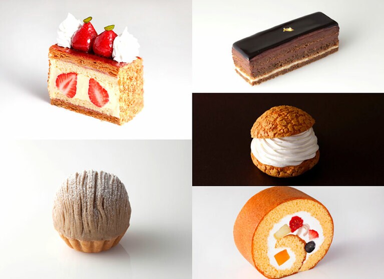 左上から時計回りに：オペラレジェール、ナポレオンパイ、和三盆シュークリーム、モンブラン、フルーツロール。