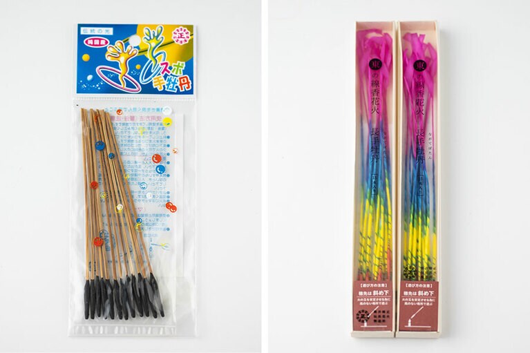 左：西でメジャーな「スボ手牡丹」600円、右：筒井時正玩具花火製造所の「東の線香花火 長手牡丹」600円。