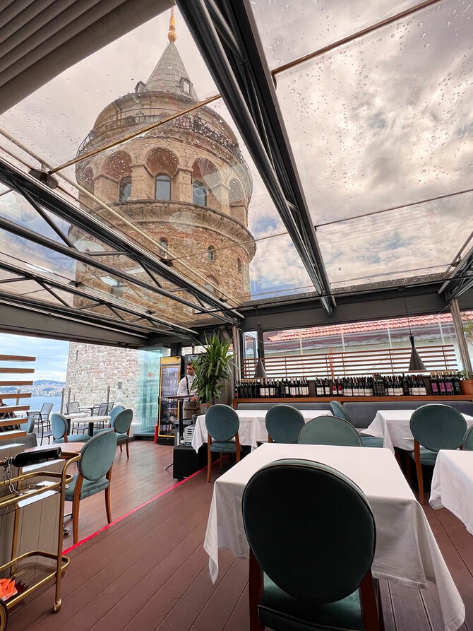 天井がガラス張りになっていので、屋内のテーブル席からも「ガラタ塔」を臨むことができる。