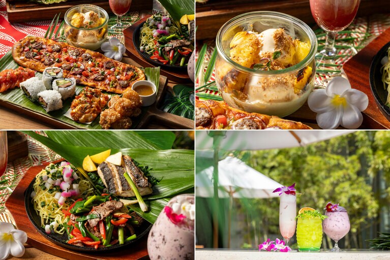 写真左上／「スパムむすび」など、ププス（アペタイザー）盛り合わせのイメージ。写真右上／デザート「ローストパイナップル バニラアイスクリーム トーストココナッツ」。写真左下／ハワイの郷土料理「ラウラウ」など、メインディッシュの盛り合わせのイメージ。写真右下／ハワイをテーマにしたオリジナルカクテルのイメージ。