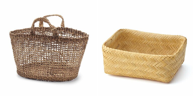 左から、バクバク手付きバスケット、竹材長方形バスケット(浅型)。