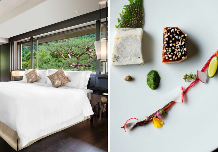 左：全39室のうち17室が温泉付きで空間も多彩。 
右：会席とフレンチが融合したレストラン「京 翠嵐」の料理も評判。