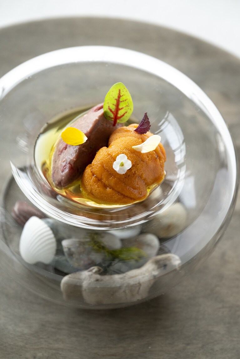 「OTTO SETTE TOMAMU」夏限定のディナーコース（18,000円、2025年8月31日まで）の一皿「雲丹と鹿肉のアンティパスト」。2つの異なる旨みが融合して生み出される新たな美味体験。