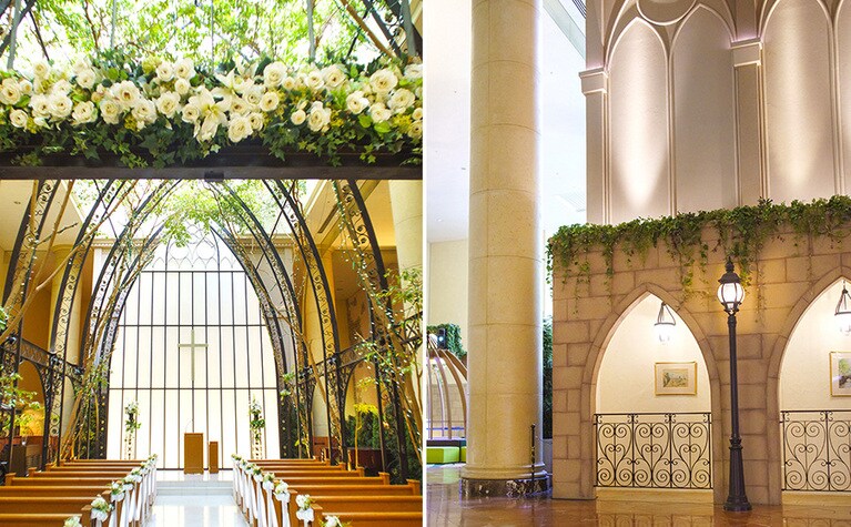 〈左〉光に包まれるアトリウムにはチャペルが佇み、祝福感を醸し出します。〈右〉ゲストを非日常へと誘うスペースが館内の随所に。