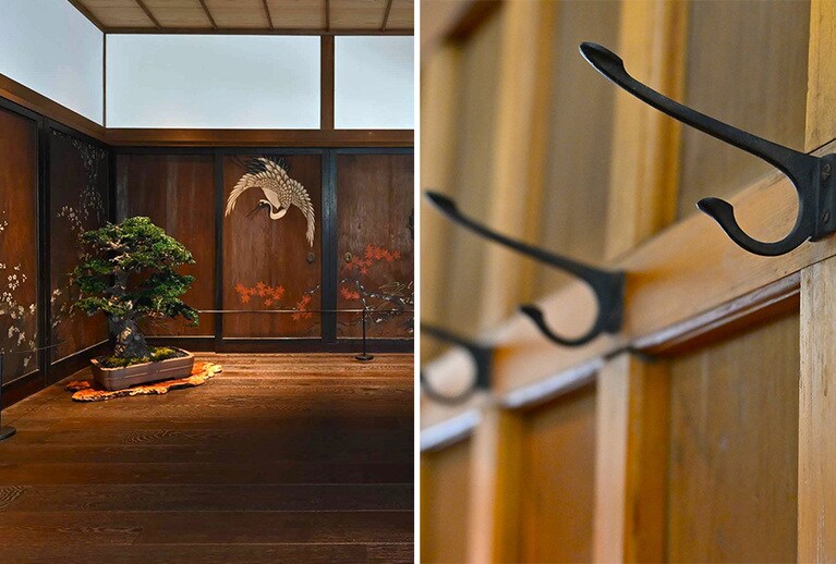 〈左〉メイン棟に入ると、旧知事公舎時代の意匠を修復・再生した空間が。〈右〉かつて多くの要人たちが訪れた際、帽子や外套を掛けたフックもそのまま残されています。