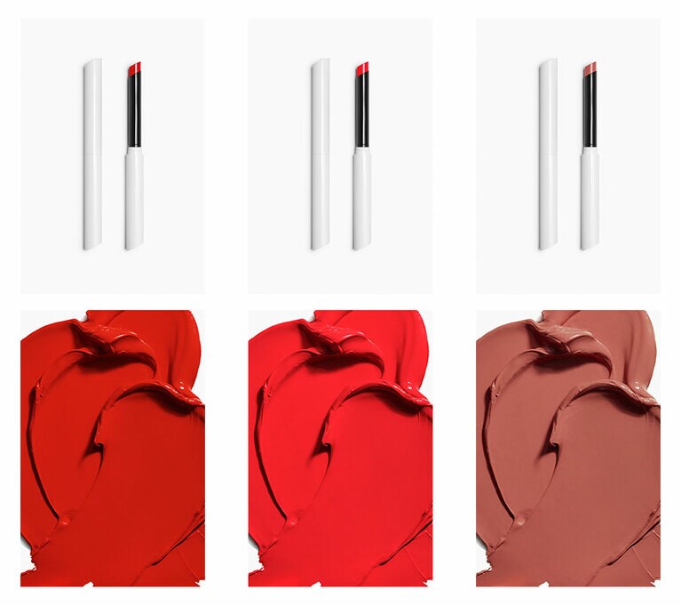 クリーミーで鮮やかに発色するリップスティック。スティレット デミマット リップスティック 左から、パキッとした真紅のUM609 ORIGINAL、キュートな朱赤のST616 PARFAITE、多少の赤みもあるから使いやすいベージュ系のST713 NUDE PREMIÈRE 各1,790円、レフィル 各1,190円／ZARA