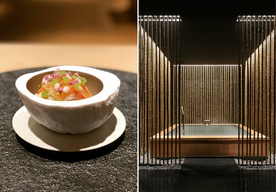 左：日本料理をベースに、シェフの独創があふれる料理。 
右：源泉100％の貸切湯は、凛とした空間の「HIKARI」のほか、趣の異なる3種が。
