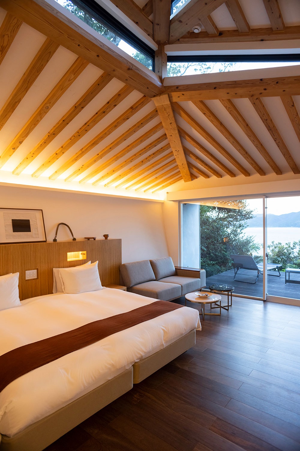 天井から自然光を取り込み、テラスも客室と一体化させる秀逸な設計。