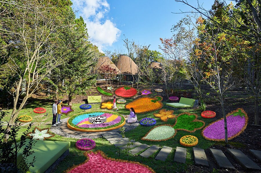 日本で初めて「アグリツーリズモリゾート」を打ち出したこの施設らしく、野菜や野菜の花をモチーフにしたフラワーアートで春の訪れを祝う。