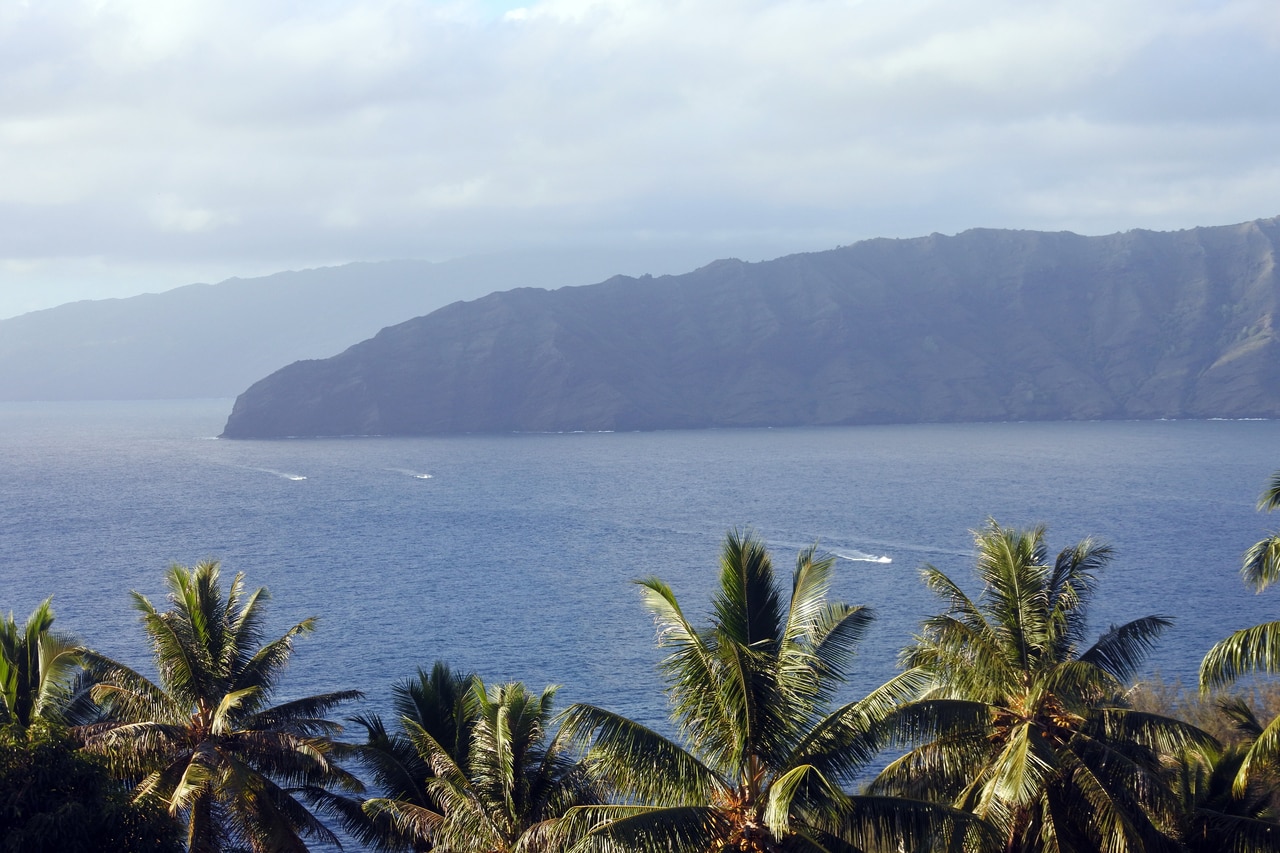 ロッジから見下ろした風景。海には家路につく船たちが。