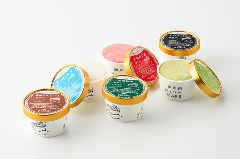 瀬戸内ジェラート MARE「ジェラート」2,300円（6個入り）。左から：濃厚チョコレート、和三盆ミルク、宇治抹茶、さぬきひめ（イチゴ）、グランピスタチオ、プレミアムミルク／香川県