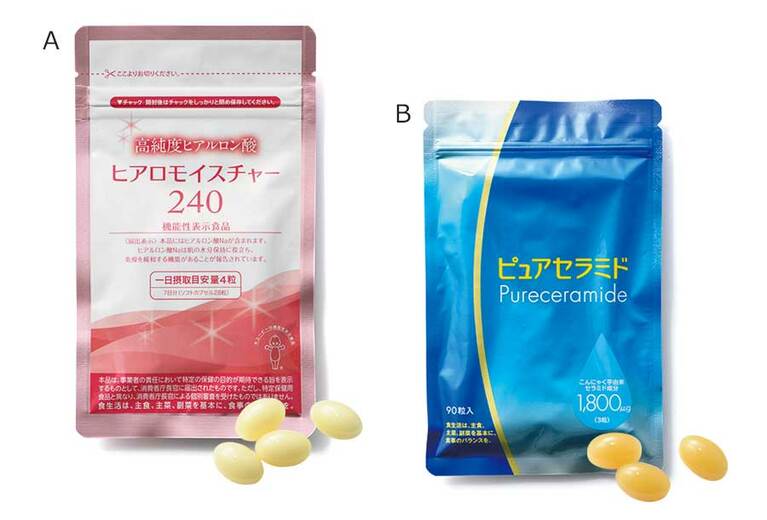 【うるおい：タブレット】A：ヒアロモイスチャー240 120粒 5,000円／キユーピー、B：ピュアセラミド 90粒入 2,871円／ダイセル