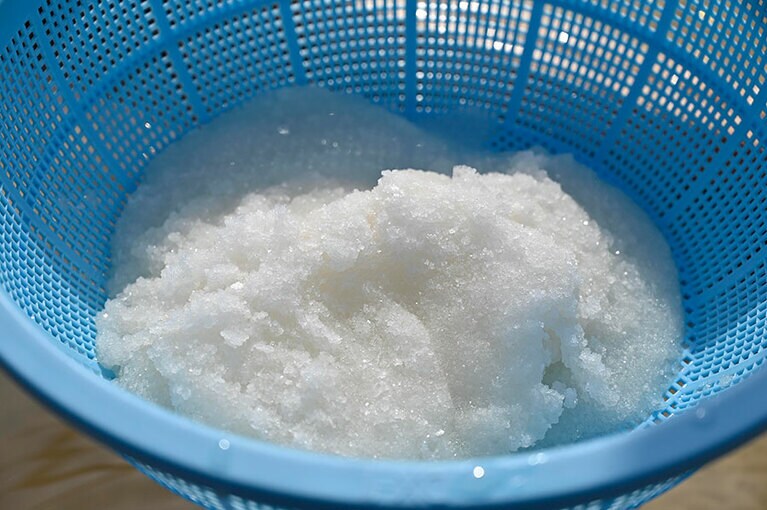 丁寧な手もみを経て、キラキラと輝く「塩夢寿美」が完成。