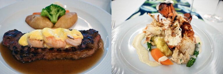 ぷりぷりのエビがのったアンガスビーフ（左）。海と陸の2つの主役が共演！　タハア産のバニラを使用したソースを添えたロブスターテール（右）。