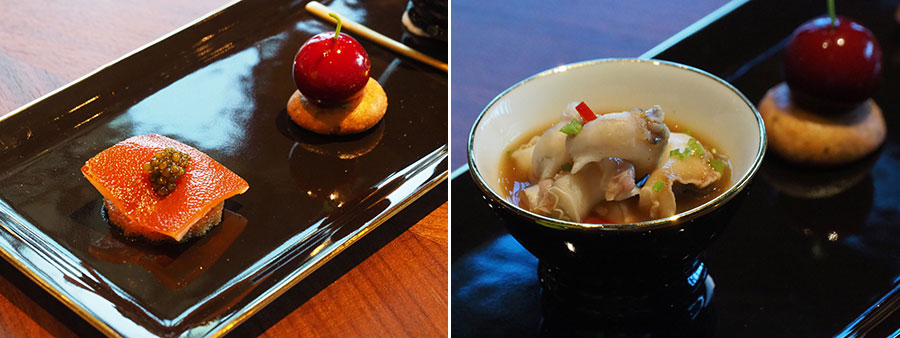 左：手前はカリカリチャーシューの黒キャビアのせ。右：白バイ貝のワサビソース和えが日本酒にぴったり。