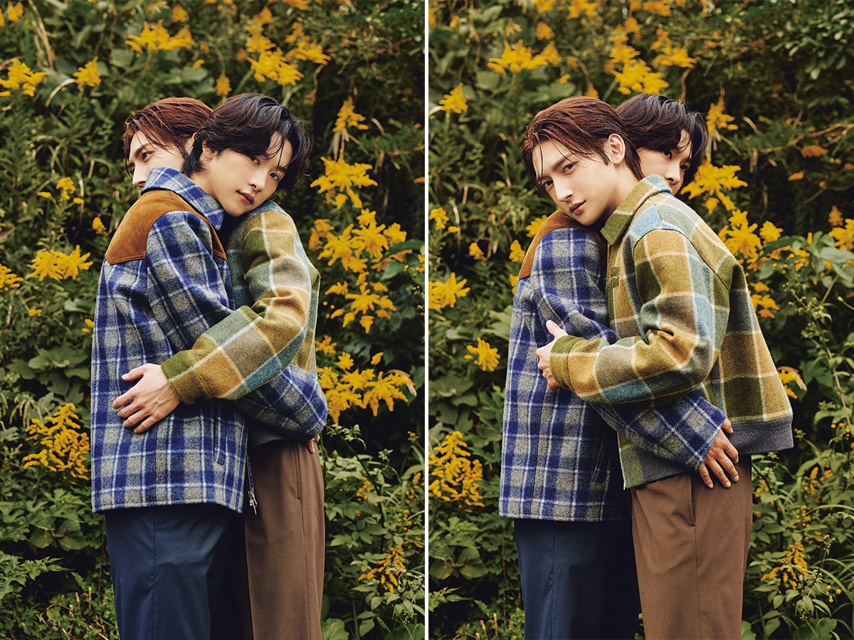 ROIさん（右）：ジャケット 594,000円、ビスチェ 138,600円、中に着たトップス（ブラウン）313,500円、中に着たトップス（ベージュ）247,500円、パンツ 214,500円　HIROMUさん（左）：ジャケット 814,000円、ビスチェ 138,600円、中に着たトップス（アイスグレー）313,500円、中に着たトップス（ネイビー）258,500円、パンツ 258,500円、シューズ 176,000円（すべて予定価格）／すべてミュウミュウ（ミュウミュウ クライアントサービス）