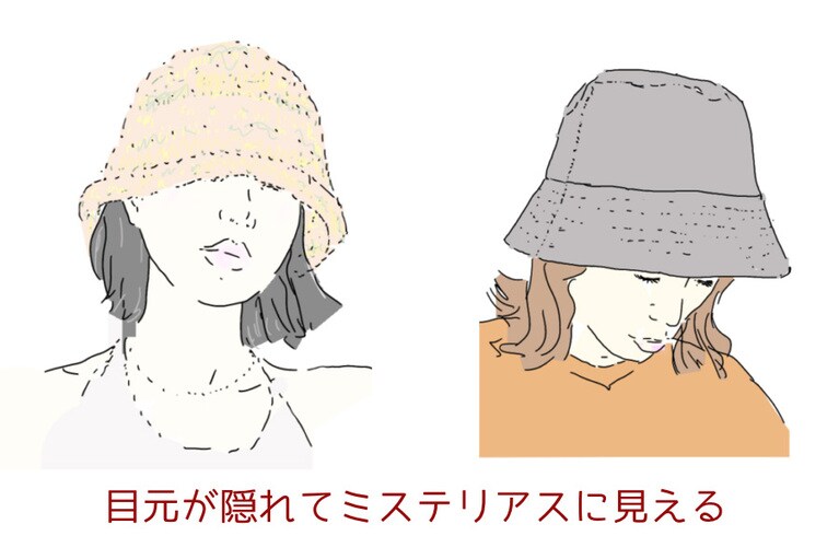 流行中のバケットハットは、右のようなツバにハリのあるもののほうが被りやすい