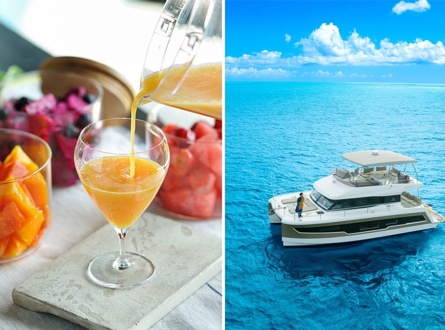 写真左：〈みーくふぁやー朝食〉では、朝からたっぷり果物を。写真右：贅沢な〈海風クルーズチェックイン〉。