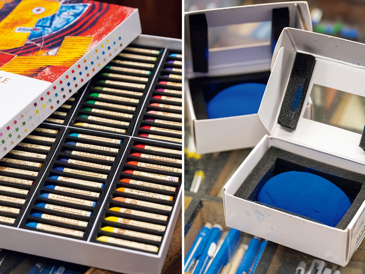 左：「ア・レキュ（セヌリエのロゴである盾）」シリーズ。高純度なパステルは、通常の12倍のたっぷりとした容量のタイプ（17.15€）もあり、ダイナミックな絵の表現を支える。 右：オーバル型の「ア・レキュ」は新商品（23.11€）。