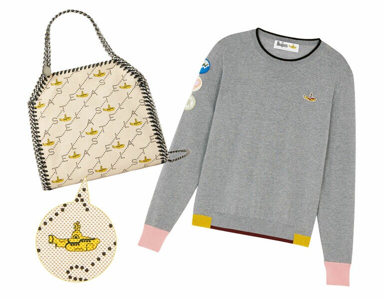 イエロー・サブマリンのミニモチーフに注目。左から：FALABELLA H23×W26×D9cm 122,000円、KNIT TOP 108,000円／ステラ マッカートニー(ステラ マッカートニー カスタマーサービス)