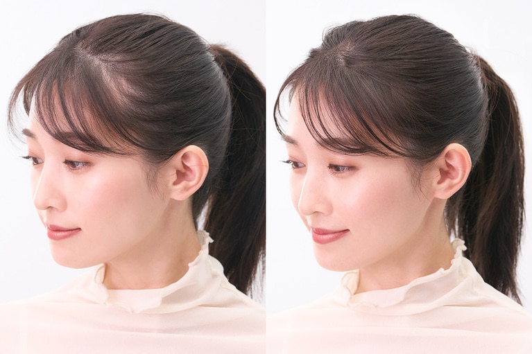 使用イメージ。左が塗る前、右が塗った後。ポニーテールにしたときに薄くなってしまう部分にも使える。